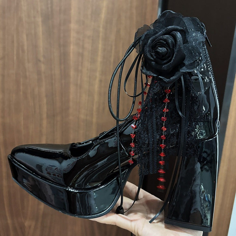 PU Gothic Polished Black High Block Heel Mary Janes - Black/Red Flower Shoe Clips, Back Zipper & Crisscross Design