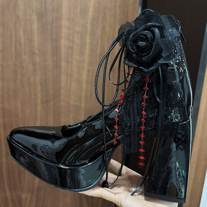 PU Gothic Polished Black High Block Heel Mary Janes - Black/Red Flower Shoe Clips, Back Zipper & Crisscross Design