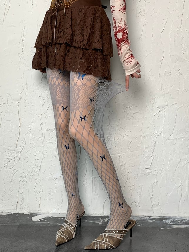 Gray Y2K Cut-out Design Fishnet Tights