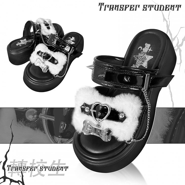 Bone Design Studs Decorated Black and White Punk Platform Slippers