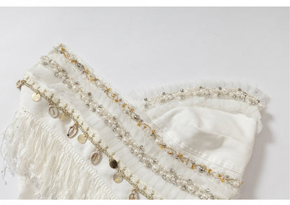 Baroque Bead Details Fringe Hem Black/White Crossover Design Strapless Top