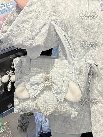 White Triple-Carry Handbag with Ruffles Trim in Elegant Lolita - Beaded And Rhinestone Heart Charm & Plush Bunny Ear Bow