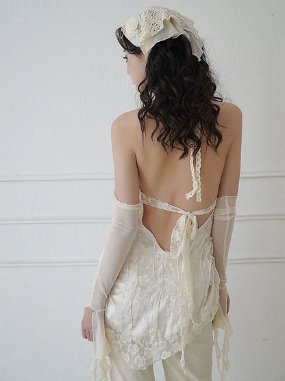 Lace-up Detail Beige Flower Halter Neck Backless Top + Sleeves Set