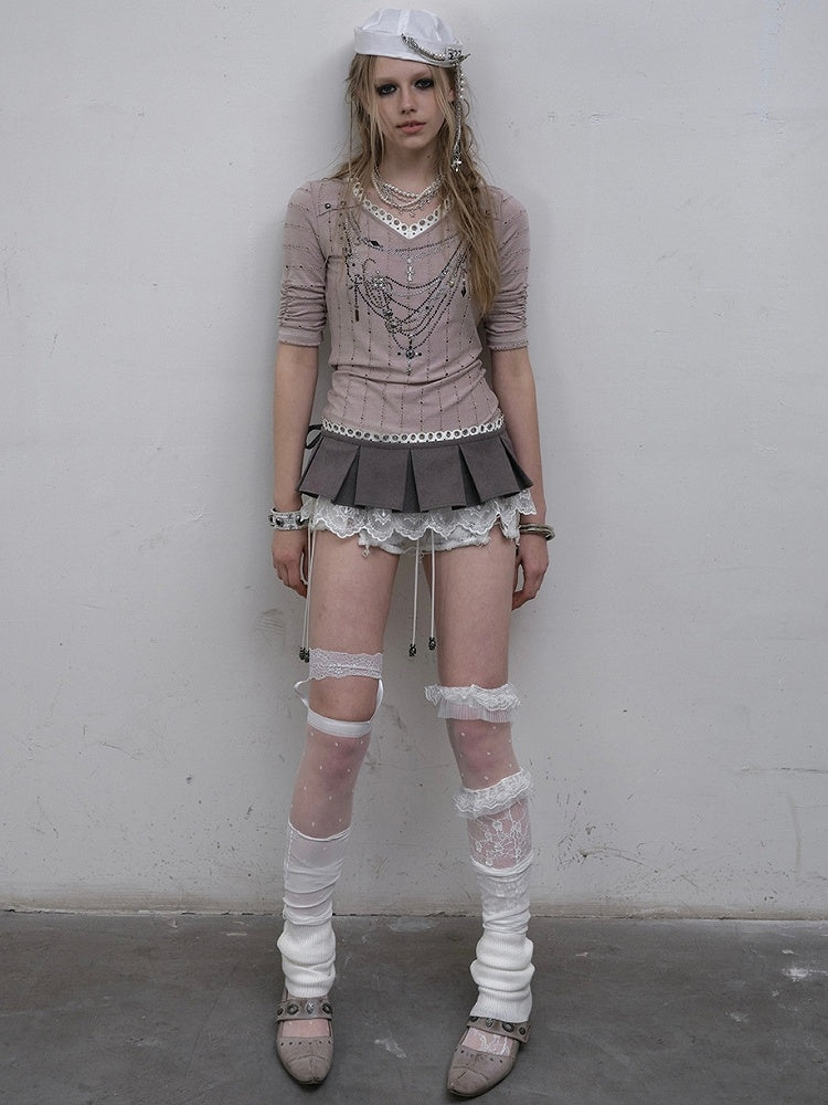 Pink/Blue Wasteland Punk V-neck Rhinestone Necklace Design Striped Pattern Long Sleeves Top