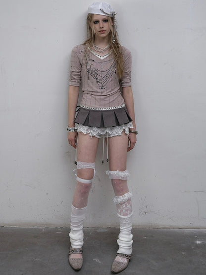 Pink/Blue Wasteland Punk V-neck Rhinestone Necklace Design Striped Pattern Long Sleeves Top