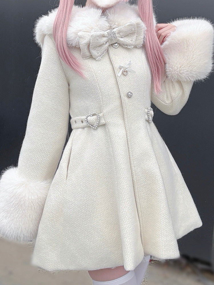 Jirai Kei Black/Beige Waisted Coat with Detachable Faux Fur Collar and Cuffs