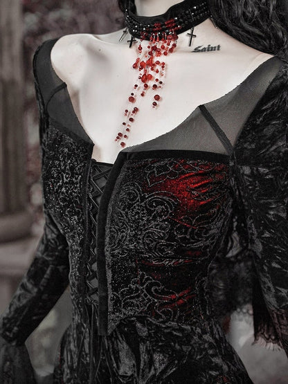 Bat Wings Shaped Neckline Romantic Goth Vampire Dress Velvet and Lace Mermaid Dress