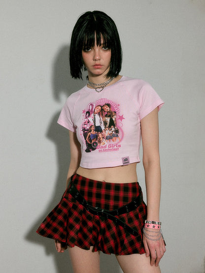 Punk Rock Red and Black Plaid Pleated Skirt with Free Waist Belt