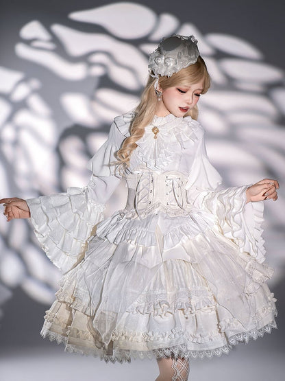 White Layered Bell Sleeves Shiro Gothic Lolita Shirt with Jabot Tie