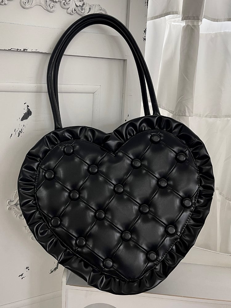 Black Ruffles Trim Heart-shaped Hand Bag