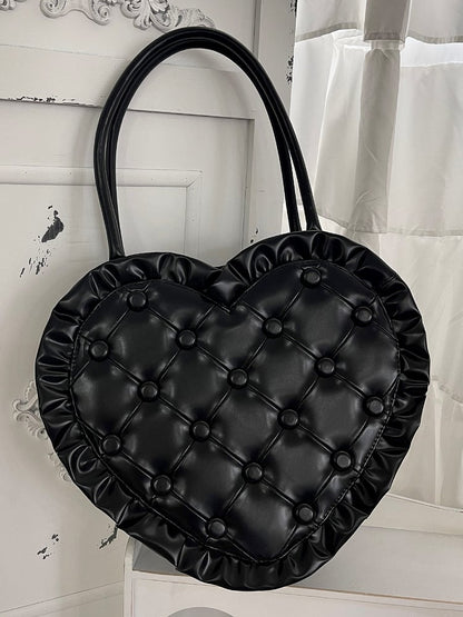 Black Ruffles Trim Heart-shaped Hand Bag