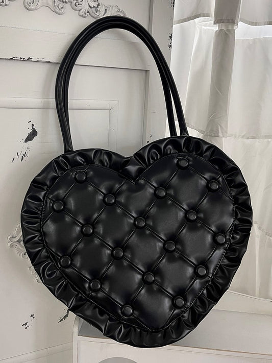 Black Ruffles Trim Heart-shaped Hand Bag