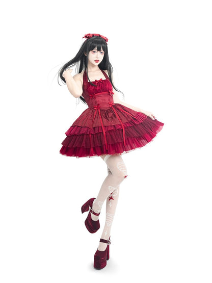 Bowknot Embroidery Butterfly-shaped Buckle Wine Red Platform Mary Janes High Block Heels