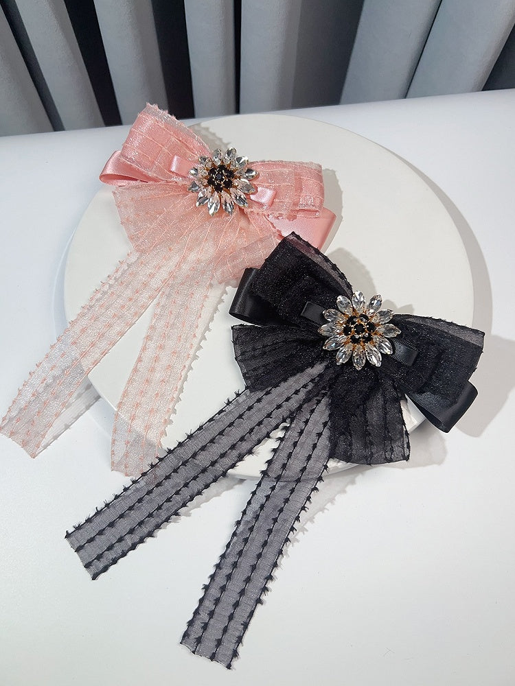 Black/Pink Preppy Style Rhinestone Decorated Bow Tie/Brooch