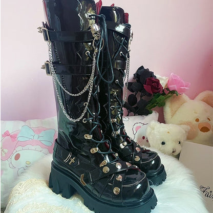 Studs and Skulls Decorated Punk Black Knee-high Boots