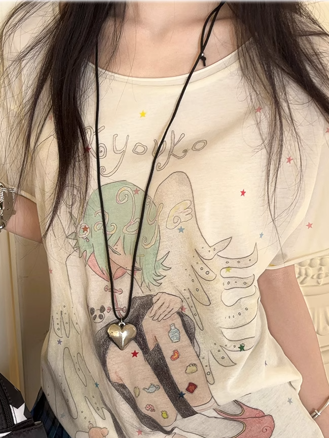Cartoon Angel Print Apricot Round Neck T-shirt