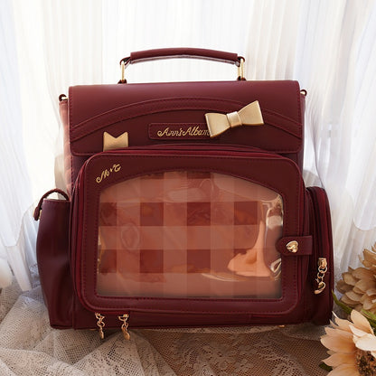 Wine Red 2-Way Ita Bag With Transparent Window And Bow Decoration