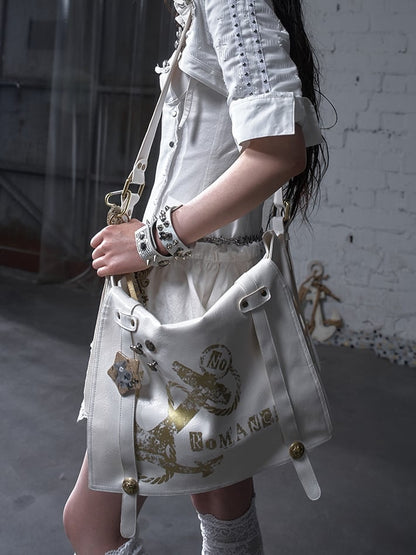 Gold Ship Anchor Print Punk Distressed Design Black/White PVC Crossbody Bag