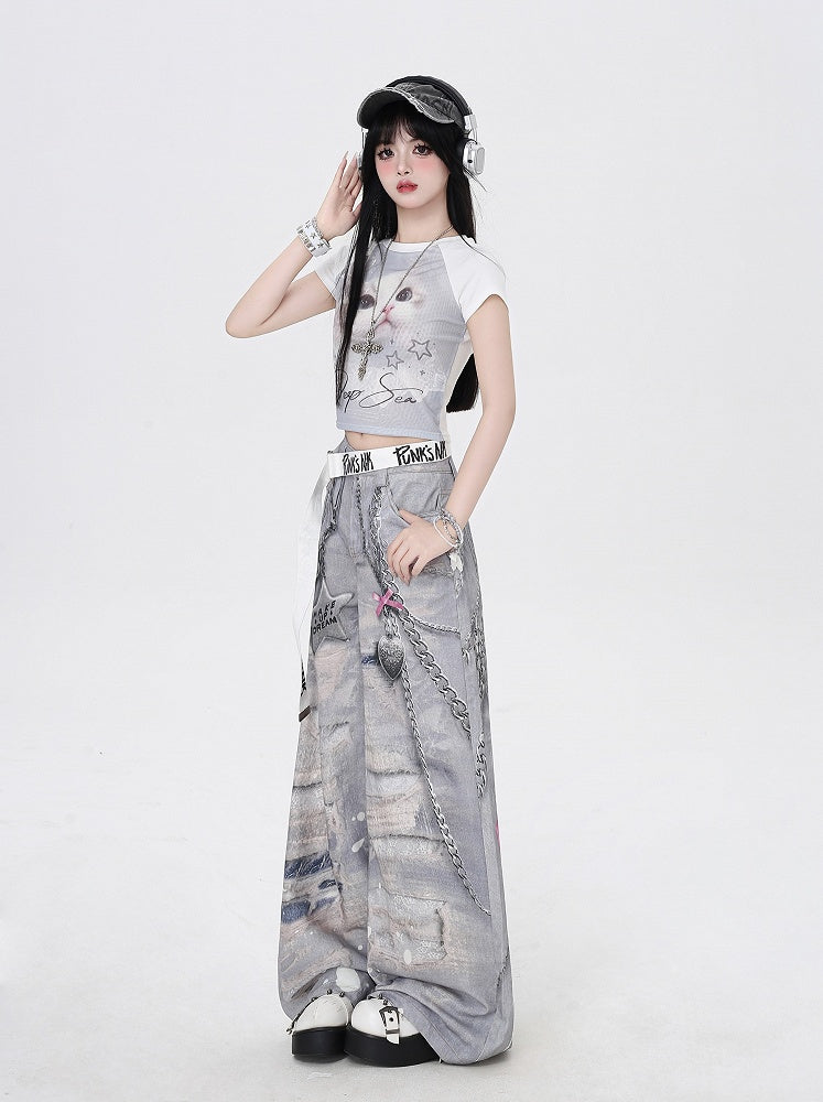 Grey Low Waist Distressed Holes and Chains 3D Print Wide-Leg Casual Pants