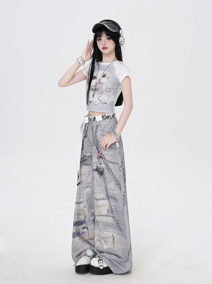 Grey Low Waist Distressed Holes and Chains 3D Print Wide-Leg Casual Pants