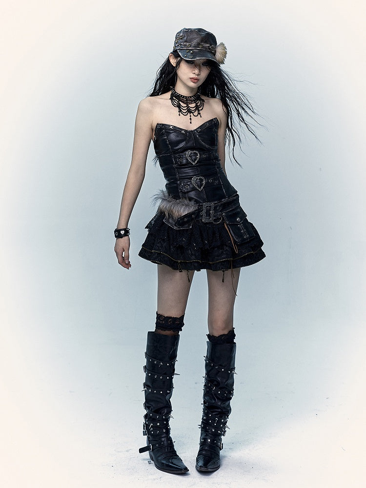 Black  Lace-up Details Lace Trim Tiered Skirt