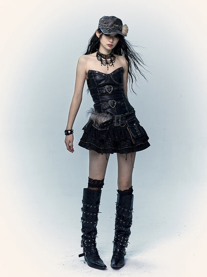 Black  Lace-up Details Lace Trim Tiered Skirt