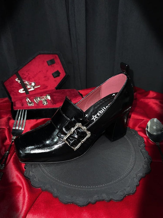 Gothic Polished Black Square Toe High Block Heel Shoes