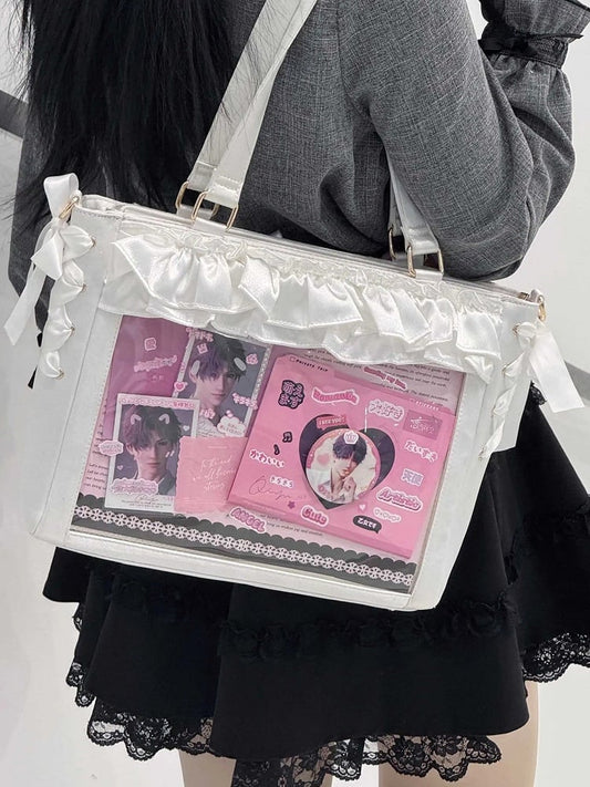 White Satin Ruffle Trims Self-tie Straps Ita Bag With Bow Card Holder