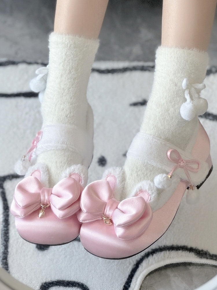 Pink Sweet Lolita Heart Charm Plush Bunny Ear Bow at Top Round Toe Shoes