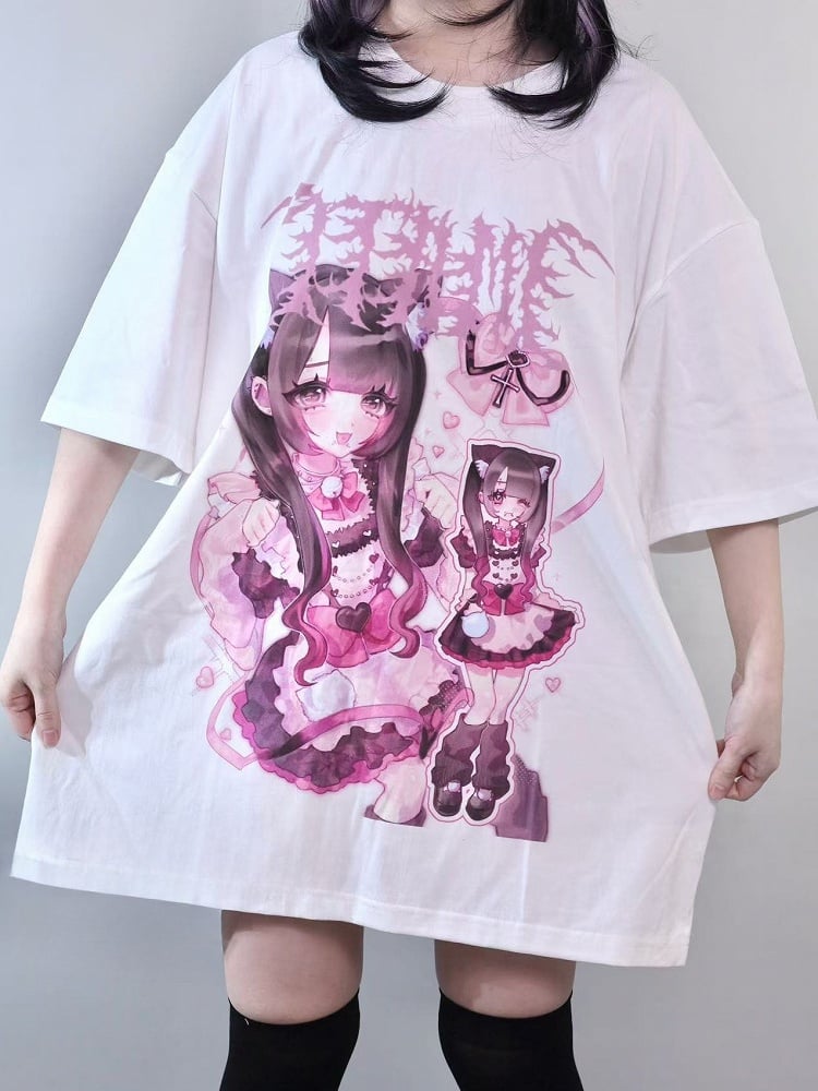 White Jirai Kei Cartoon Girl Print Round Neck Oversized T-shirt