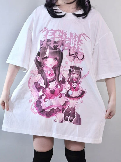 White Jirai Kei Cartoon Girl Print Round Neck Oversized T-shirt