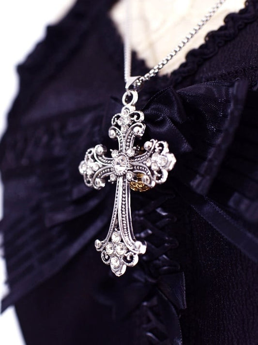 Punk Gothic Silver Baroque Rhinestoned Cross Pendant Necklace