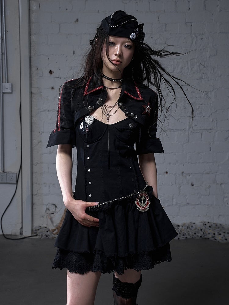 Black/White Pointed Flat Collar Studs and Metal Buttons Open Placket Navycore Top