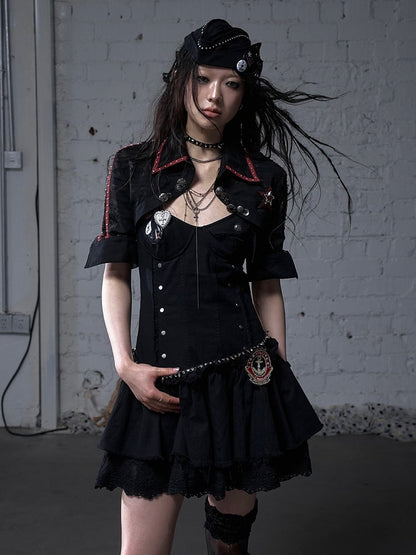 Black/White Pointed Flat Collar Studs and Metal Buttons Open Placket Navycore Top