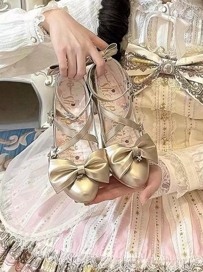 Gold Bow at Top Star Buckle Straps High Heels