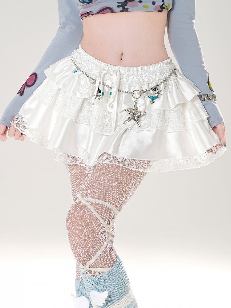 White/Black Elastic Waist Butterfly Appliques Lace Trim Tiered Skirt