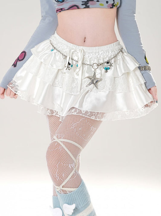 White/Black Elastic Waist Butterfly Appliques Lace Trim Tiered Skirt