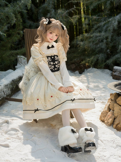 Beige Floral Embroidery Bodice Long Sleeves Lolita Dress Plush Neckline and Cuffs