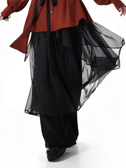 Black Loose Fit Pants with Draping Chiffon Overlay