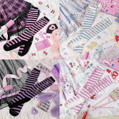 4 Colors Bunny Print Sweet Lolita Underknee Striped Stockings