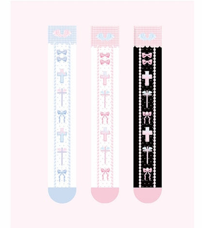 Black/Pink/Blue Sweet Lolita Cross and Bowknot Print Overknee Stockings