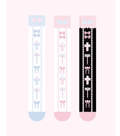 Black/Pink/Blue Sweet Lolita Cross and Bowknot Print Overknee Stockings