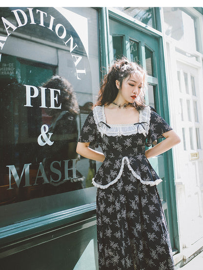 Blackberry and Laurel Vintage Lace Square Neckline SHort Sleeves Long Dress