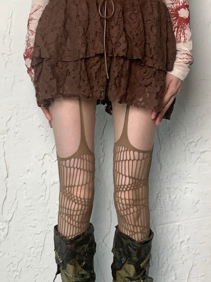 Brown/Black/Gray/White/Red Wasteland Punk Hollow-out Design Suspender Stockings