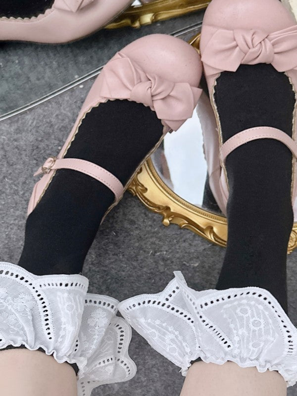 Black/White Calf Socks With Floral Embroidery Cuffs