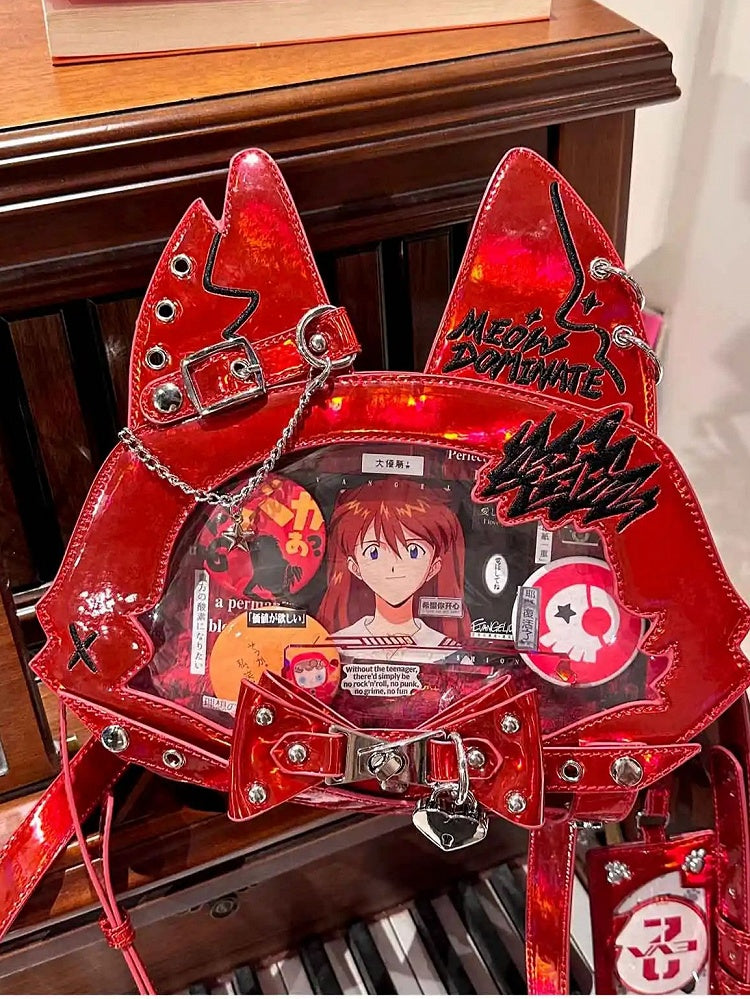 Bold Red Punk Cat Polished PU Tote Ita Bag with Free Card Holder