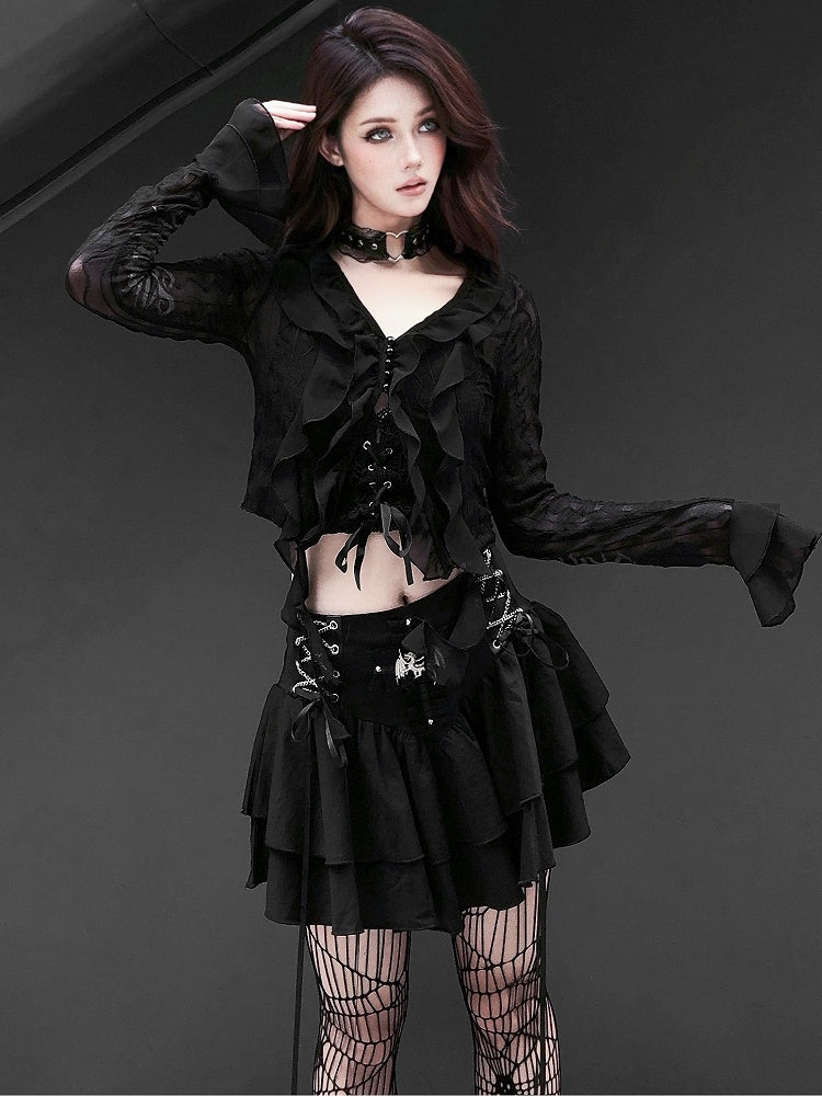 Punk Dragon Adorned Black Tiered Skirt Criss-cross Chain Design