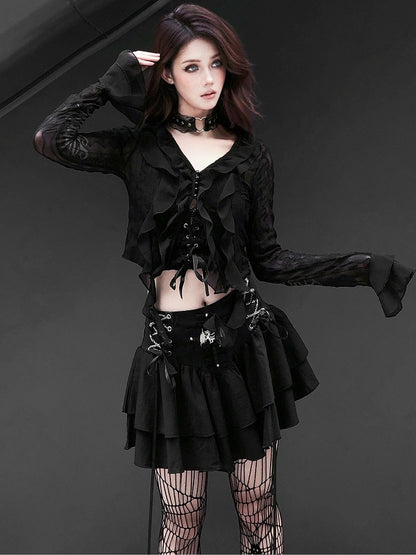 Punk Dragon Adorned Black Tiered Skirt Criss-cross Chain Design