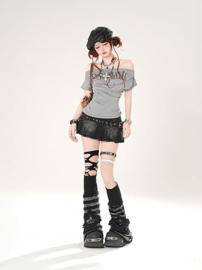 Off-the-shoulder Neckline Letter Print Gray/Navy Blue Slim-fitting T-shirt