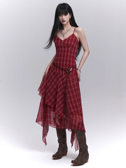 Red Plaid V-Neck Handkerchief Hem Cami Dress
